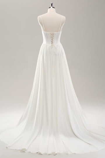 White Spaghetti Straps Satin Sweep Train Wedding Dress with Slit